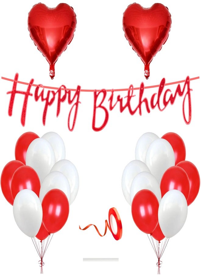 Flyloons Happy Birthday Decoration Kit Red White for Baby Boys Girls Kids Husband Wife Father Mother With 20 Pcs Balloons Birthday Banner 2 Pcs Heart Items Set - Image 1